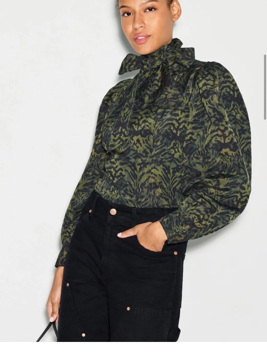 Ulla Johnson Olive & Black Printed Bow-Tie Blouse